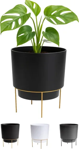 Bloem Hopson Maceta decorativa de resina con soporte de metal, maceta de 6" para interiores y exteriores con soporte de metal dorado, negro