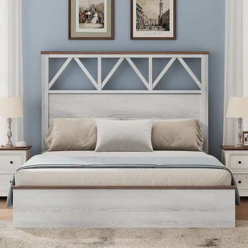 Miniatura 6 de YITAHOME Marco de cama tamaño completo con cabecera de 47.2'', plataforma de marco de cama de madera rústica con listones, resistente y silencioso