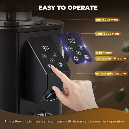 Miniatura 5 de Molinillo de café comercial resistente, rebabas planas SS de 2.520 in, 8 ajustes precisos, control de botón, tolva de 35 onzas, uso comercial