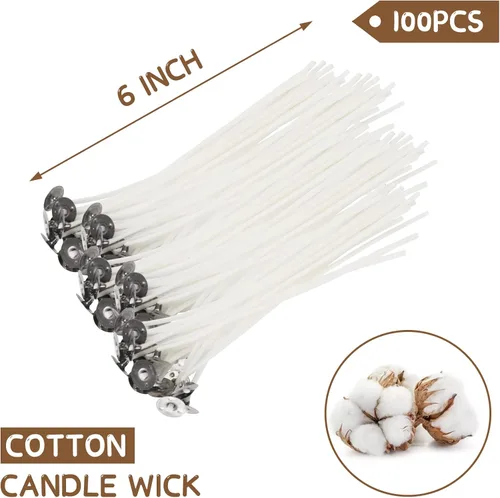 Miniatura 2 de JEAWIWI Mecha de Vela 6 pulgadas 100 Piezas con 100 Piezas de Adhesivos para Mechas y 10 Piezas de Soportes para Mechas de Velas, Mechas de Algodón