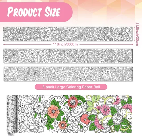 Miniatura 2 de Colarr Paquete de 3 pósteres gigantes de mandalas para colorear de 118 x 11.8 pulgadas, diseño de mandala gigante, hoja para colorear, pancarta