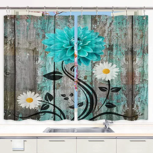 Cortinas rústicas de cocina florales de color verde azulado, turquesa, flores azules, margaritas, gris, decoración de madera, 2 paneles, juego de