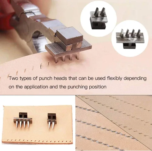 Miniatura 5 de BUTUZE, alicates de mano de cuero silencioso de 0.157 pulgadas (4 dientes franceses y 2 dientes) con aguja de cuero, estuche de aguja de madera, Rojo
