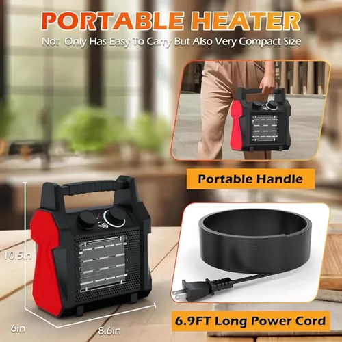 Miniatura 3 de Calentadores para exteriores para patio, calentador de garaje de 1500 W con protección contra sobrecalentamiento, calentador eléctrico portátil
