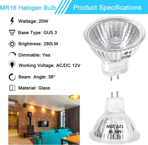 Miniatura 3 de Bombilla halógena MR16 de 20 W regulable de 12 V GU5.3 con base de dos pines con larga vida útil, bombillas MR16 blancas cálidas de 2700 K