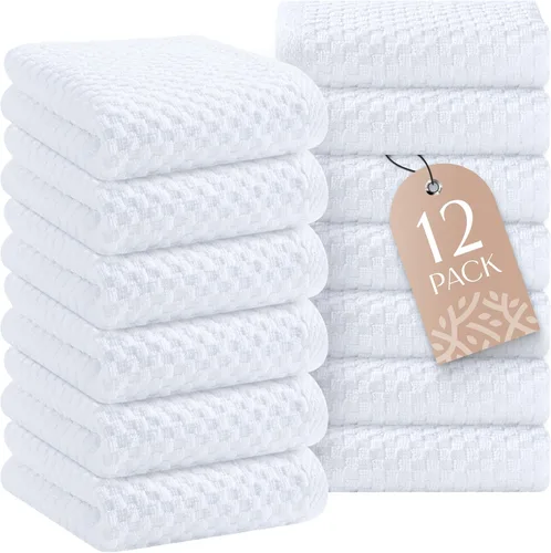 Wealuxe Paquete de 12 toallas de cocina superabsorbentes, 100 % algodón, 450 GSM, gruesas, lavables a máquina, para secar la cocina, limpieza, Blanco