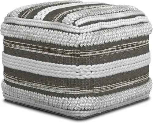 Miniatura 10 de SIMPLIHOME Sweeney Puf cuadrado – 18 pulgadas de ancho tapizado de lana y algodón tejido a mano otomano en gris y natural, reposapiés