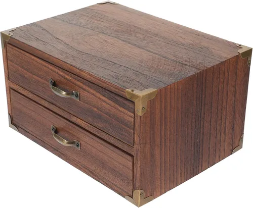 Alipis Organizador de escritorio de madera con 2 cajones, gabinete de almacenamiento de estilo vintage para suministros de oficina, joyería y