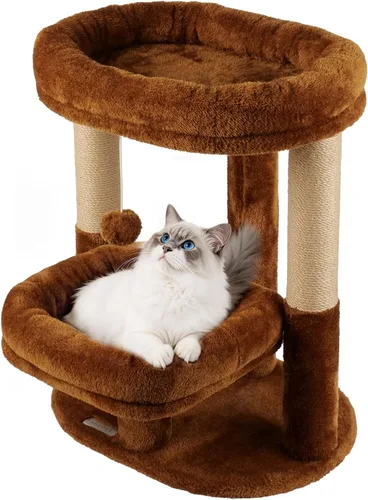 Miniatura 9 de Torre de árbol para gatos de 2 niveles con camas elevadas para gatos y postes rascadores Compact indoor cat tower for small to medium cats, with
