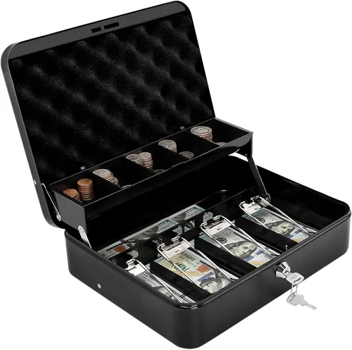 Miniatura 13 de Caja de efectivo con bandeja de dinero y cerradura, caja de dinero segura para efectivo, caja de bloqueo de metal con combinación, organizador