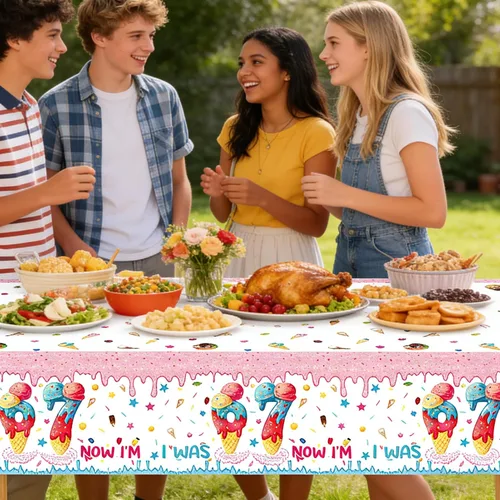 Miniatura 4 de Qpout Paquete de 3 decoraciones de fiesta de cumpleaños con diseño de helado "I was 6 Now I'm 7", mantel de plástico desechable de cumpleaños 6-7