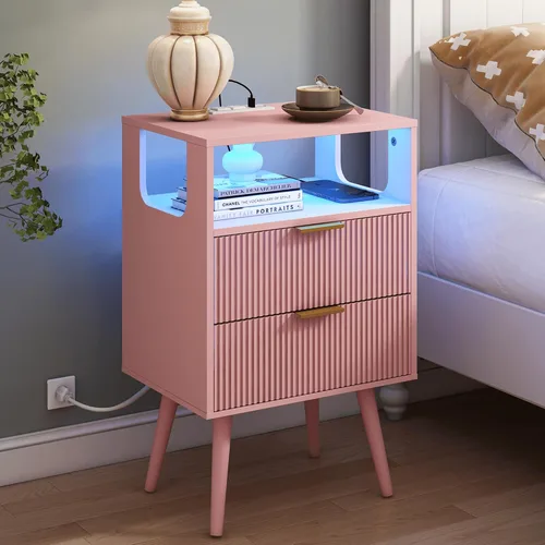 Miniatura 12 de JOONEE - Mesita de noche negra con estación de carga y luces LED, mesa de noche moderna con 2 cajones de almacenamiento y estante de madera abierto