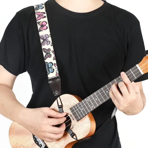 Miniatura 2 de Ukulele Strap No Drill, Adjustable Double J Hook Clip on Uke Shoulder Strap, Hawaiian Butterfly Printing Hands Free Ukelele Strap, Easy to Use and