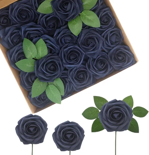 Miniatura 12 de Flores Artificiales Rosas Realistas, 50 piezas de rosas falsas con tallo de aspecto real para ramos de boda DIY, centros de mesa, despedida
