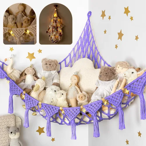 Miniatura 16 de TIDYTEDS Macramé DreamLights Hamaca de Red de Almacenamiento de Animales de Peluche Boho Extra Grande Soporte de Almacenamiento de Juguetes de Azul