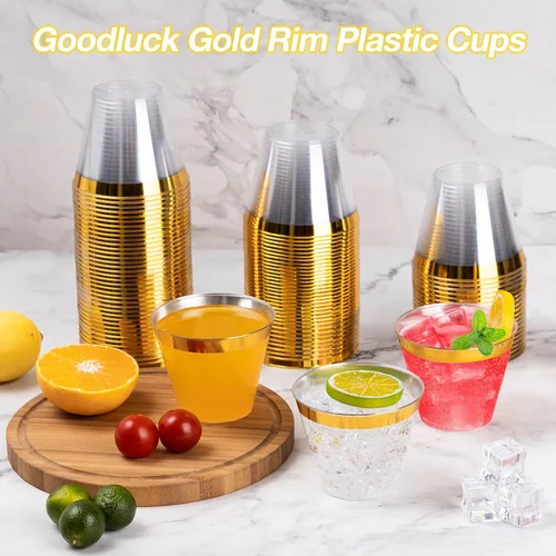 Miniatura 6 de Goodluck 100 vasos de plástico dorados de 9 onzas para fiestas, vasos desechables con borde dorado, vasos de cóctel de plástico para bodas, Acción