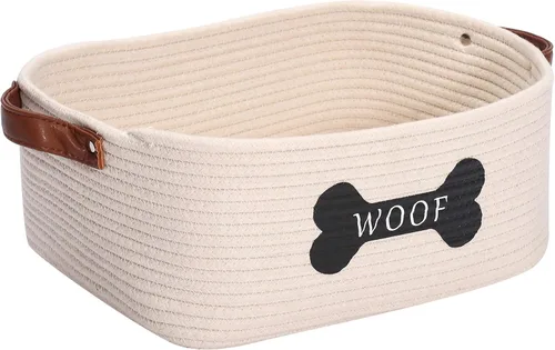 Cesta de almacenamiento de juguetes de cuerda de algodón para perros, tamaño mediano, contenedor de juguetes para perros con asa, organizador de