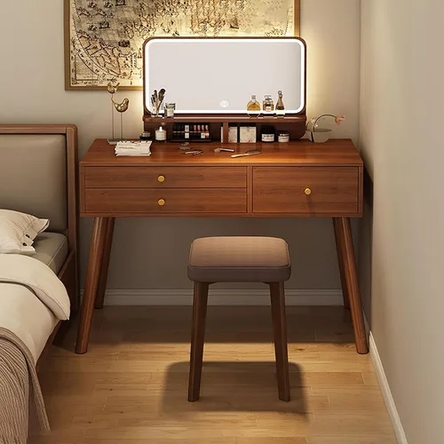 Miniatura 10 de Tocador con espejo de luces, escritorio de maquillaje de madera con taburete acolchado, moderno escritorio de tocador para dormitorio con taburete