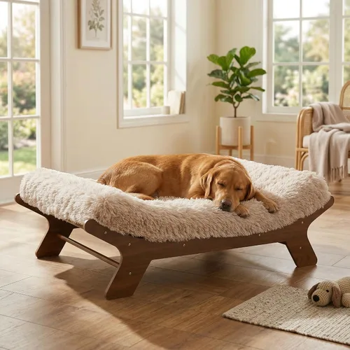 Miniatura 12 de Muihood Marco de cama elevado de madera para perro y colchón de espuma para jaula de huevos, lujoso adecuado para mascotas de hasta 45 libras