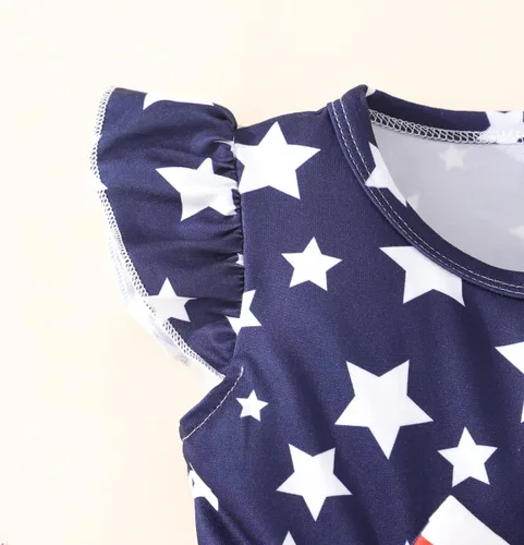 Miniatura 5 de Vestido para niñas del 4 de julio, vestidos de bandera estadounidense, manga con vuelo, ropa patriótica, trajes para el día de la independencia