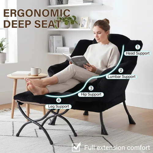 Miniatura 9 de Welnow - Silla perezosa con otomana, moderna silla de descanso con reposabrazos y bolsillo lateral, sillón de sofá tapizado de ocio, sillón de Negro