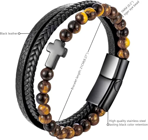 Miniatura 3 de BIYONGDE Black Braided Leather Bangle Bracelet for Men, Stainless Steel Cross Beads Chain