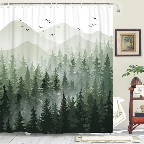 Accnicc Juego de cortinas de ducha con diseño de bosque nebuloso, naturaleza, montaña, pino, cortinas de ducha para baño, ombre verde salvia blanco,