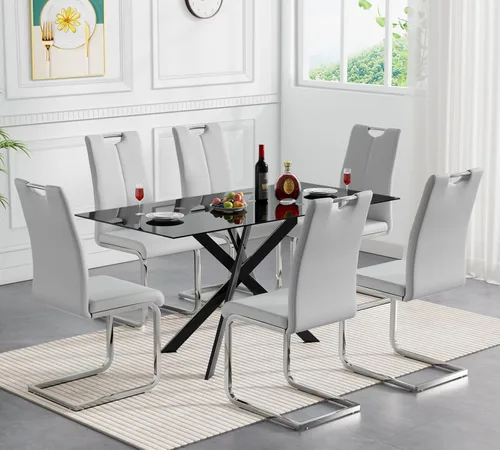 Miniatura 61 de Juego de mesa de comedor redonda de 3 piezas para 2, mesa de cocina moderna de vidrio plateado y sillas para 2 con sillas tapizadas, juego de mesa