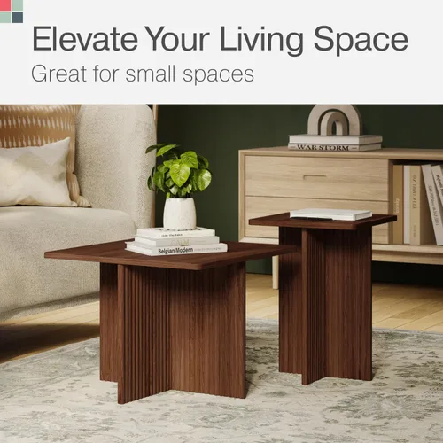Miniatura 3 de Stead Mesas de centro cuadradas estriadas anidables, juego de mesa auxiliar de 2 piezas, escritorio moderno para bebidas para sala de estar, Nogal