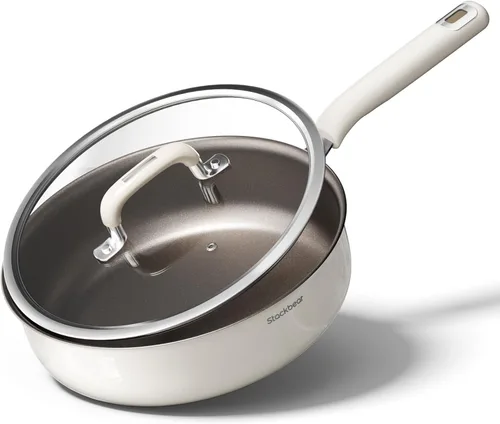 Sartén de cerámica para freír en profundidad antiadherente - 27.9 cm (5.25 L) Sartén para saltear con tapa, sartén de acero inoxidable de tres capas