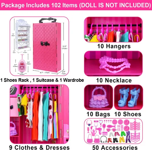 Miniatura 2 de ZITA ELEMENT Armario de muñecas de 11.5 pulgadas con ropa y accesorios, juego de 101 piezas, incluye armario, maleta, vestidos, trajes de baño