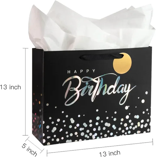 Miniatura 5 de Loveinside Bolsa de regalo de cumpleaños negra con papel de seda para cumpleaños, baby shower, fiesta y más, 13 x 5 x 10 pulgadas, 1 unidad