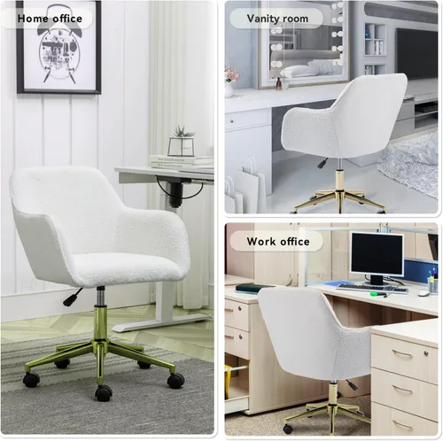 Miniatura 4 de Silla de oficina en casa de tela de peluche, bonita silla giratoria de escritorio con ruedas, moderna silla de tocador ajustable con base dorada