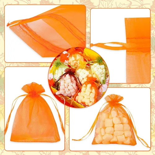 Miniatura 3 de Whaline 120 bolsas de organza de otoño de Acción de Gracias con cordón, naranja, amarillo, verde, marrón, bolsas de regalo de vacaciones, bolsas
