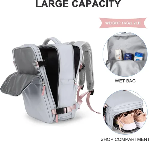Miniatura 6 de coowoz Mochila de viaje para mujeres y hombres, aprobada por aerolíneas, mochila de mano grande, mochila de senderismo impermeable, mochila b-Gris