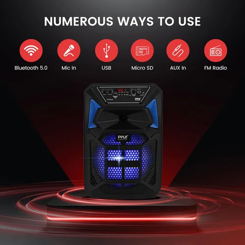 Miniatura 3 de Pyle Altavoz PA Bluetooth y sistema de micrófono, altavoz de karaoke portátil con micrófono con cable, luces LED de fiesta integradas, radio FM