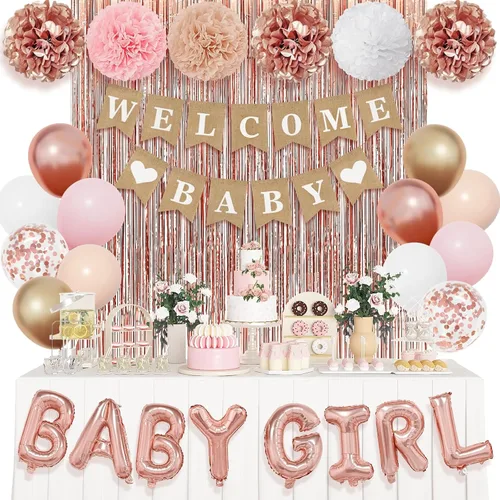 Ouddy Party Decoraciones de Baby Shower Oro Rosa para Niña con Pancarta Welcome Baby Niñas Bebés Globos de Papel de Aluminio Oro Rosa Rosa Dorado