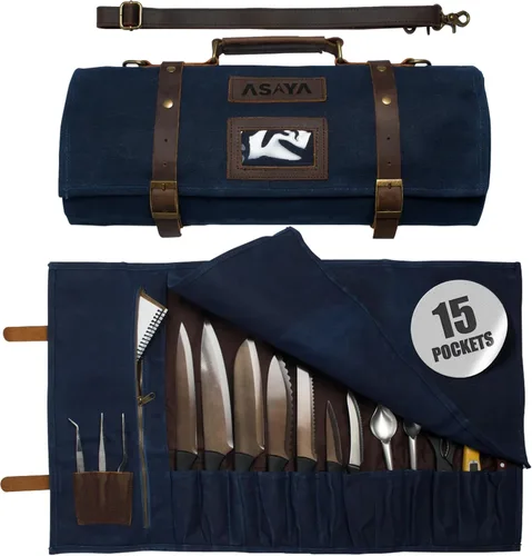 Asaya Rollo de lona encerada para cuchillos – 15 ranuras para cuchillos, tarjetero y bolsillo grande con cremallera – Hebillas de cuero auténtico,
