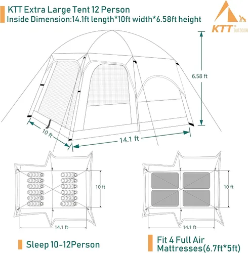 Miniatura 9 de KTT Extra Large Tent 6-10-12-14 Person(Style-B),Family Cabin Tents,2 Rooms,3 Doors and 3 Windows with Mesh,Straight Wall,Waterproof,Double Layer,Big