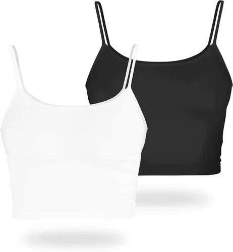 Miniatura 8 de Camisetas cortas para mujer, largas, blancas, negras, sexy, lindas, de entrenamiento, tirantes delgados, recortadas, de cintura alta, paquete de 2