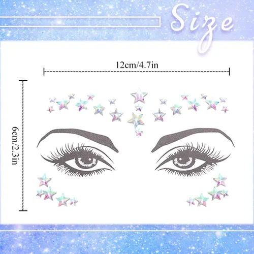 Miniatura 3 de 3 calcomanías de cara de cristal, cara de estrella, sirena, luna, piedra de piedra, rosa, carnaval, festival de música, fiesta para mujeres y niñas