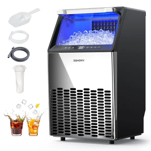 EUHOMY Máquina comercial para hacer hielo, máquina de hielo de acero inoxidable de 120 libras/24 horas debajo del mostrador con contenedor de