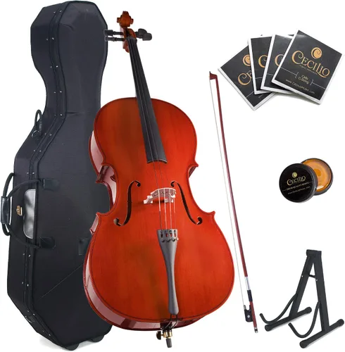 Cecilio Violonchelo de tamaño completo 4/4 con estuche duro y suave, soporte, arco, colofonia, puente y juego extra de cuerdas, CCO-100