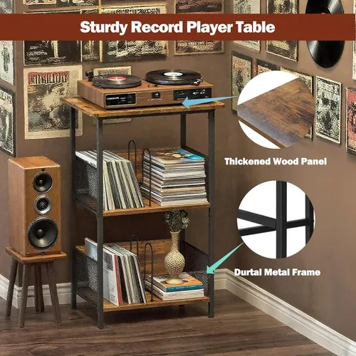 Miniatura 8 de Soporte para tocadiscos, soporte para discos de vinilo de 3 niveles, soporte giratorio con 2 separadores y 4 pies ajustables, mesa para tocadiscos