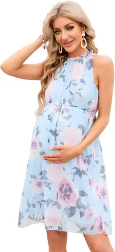 KOJOOIN Vestido de maternidad con cuello halter y volantes, de verano, casual, bohemio, sin mangas, de cintura alta, fluido para sesión de fotos,