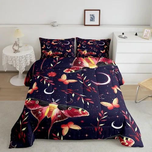 Miniatura 21 de Erosebridal Juego de ropa de cama de calavera gótica, flores mandala, mariposa hippie para niñas y niños, edredón de esqueleto de la muerte de Negro