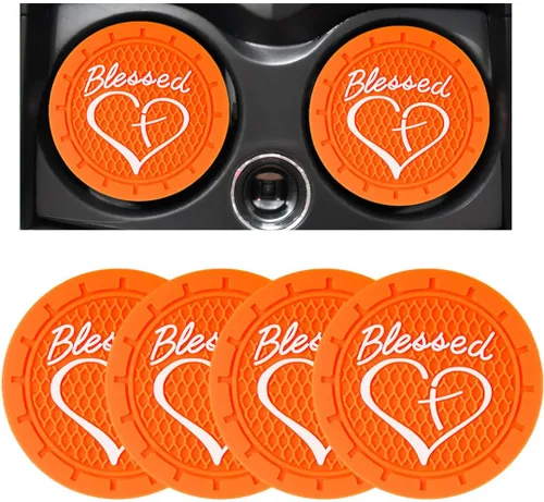 Miniatura 23 de Dickno 2 piezas posavasos para portavasos de automóvil, 2.76 pulgadas cruz bendita y corazón tapete de bebida cristiano, PVC suave antideslizante a