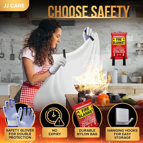 Miniatura 4 de JJ CARE Manta contra incendios – 2 paquetes con ganchos y guantes – Manta de emergencia contra incendios para el hogar y la cocina, mantas