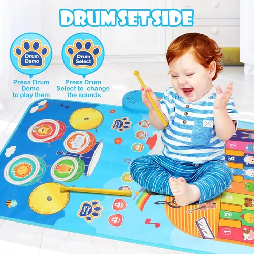 Miniatura 2 de Tapete de juego musical para bebé, educativa temprana 3 en 1, piano tambor de animal Touch de 31.5 x 19.6 pulgadas, manta de juego Montessori