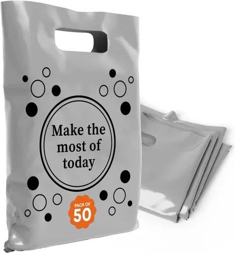 Miniatura 12 de Bolsas de plástico con asas – Bolsas de mercancía de 12 x 15 pulgadas para pequeñas empresas – Bolsas troqueladas para compras minoristas y Negro